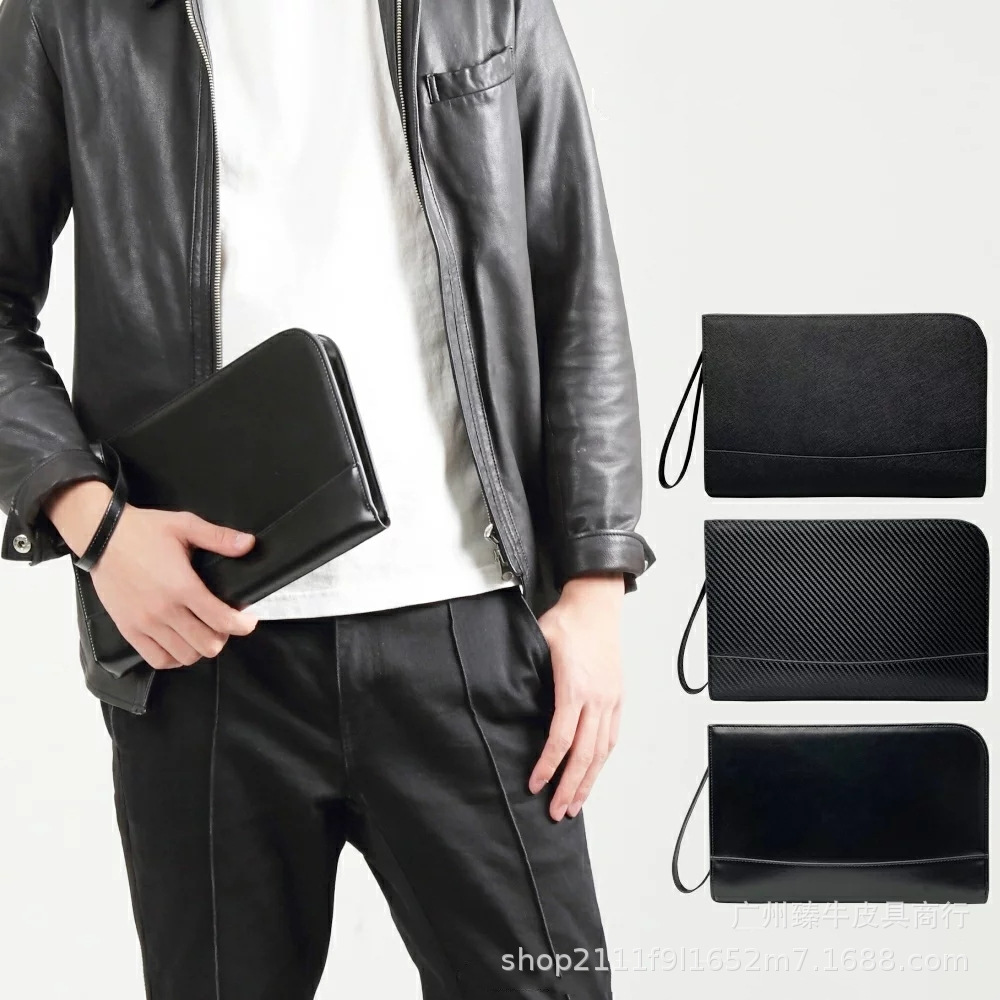 日本男士真皮碳纤维纹拉链钱包 牛皮多功能商务时尚手拿包 硅胶包