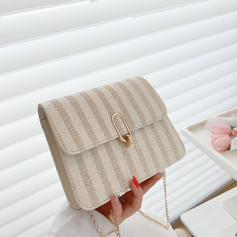 2022 Summer New Ladies' Bags Sewing Thread Shoulder Crossbody Straw Small Square Bag Lock Fashion Casual Bag