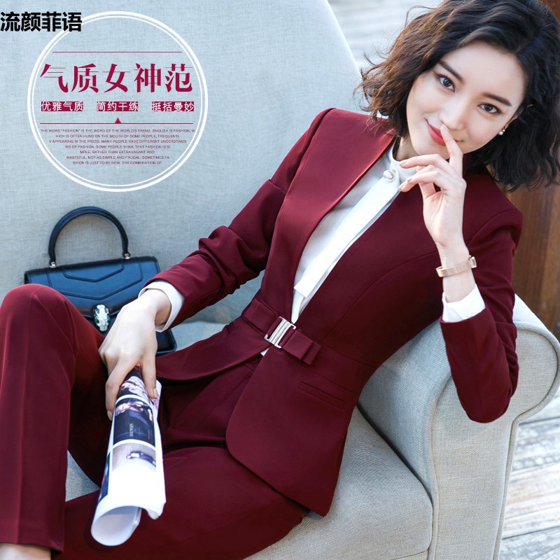 春秋新款时尚职业装女装套装ol气质名媛红色西服正装珠宝店工作服