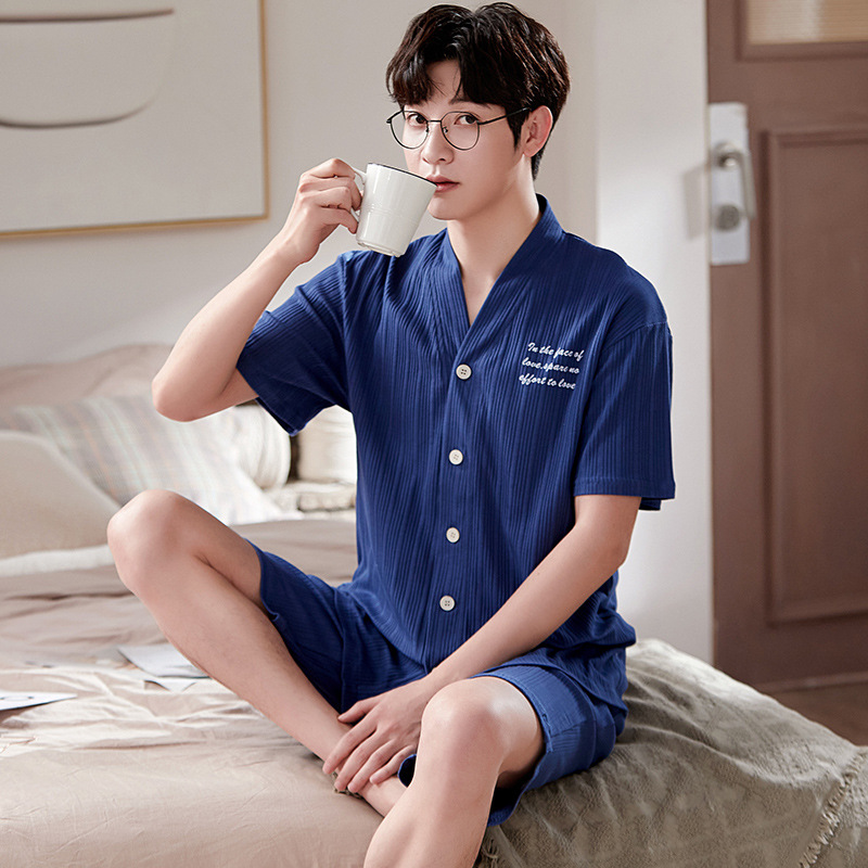 2022年夏季新款男士和服睡衣日系简约大码短袖薄款家居服套装批发