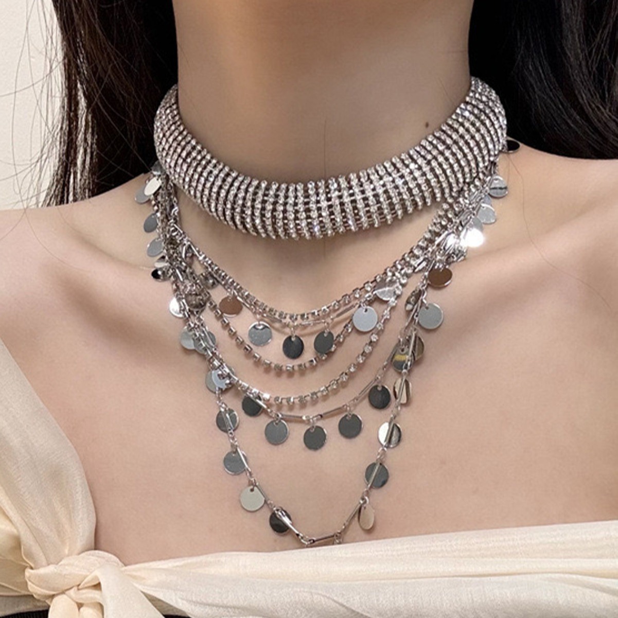 欧美夸张亮片流苏颈链女高级感颈带脖子饰品轻奢项链配饰潮-阿里巴巴