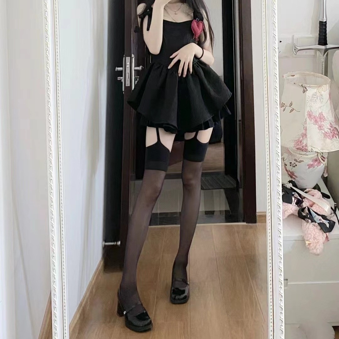 黑丝性感高筒袜显瘦显高红吊带黑丝新款红色蕾丝吊带袜一体长筒袜