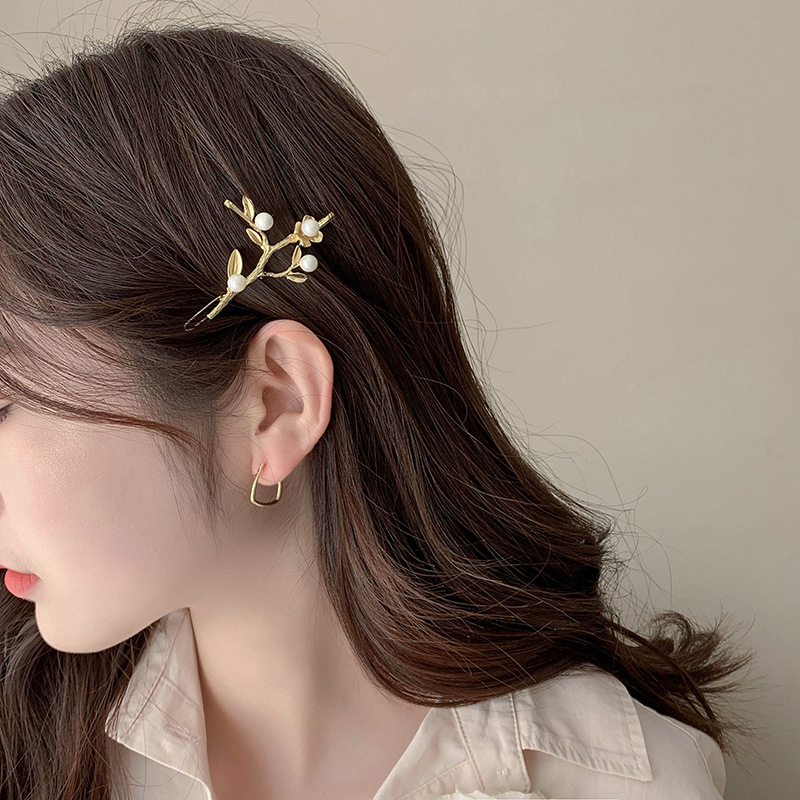 Elegant Retro Branch Pearl Barrettes South Korea Online Influencer Refined Hairpin Broken Hair Female Bang Side Clip Hair Clip Headdress