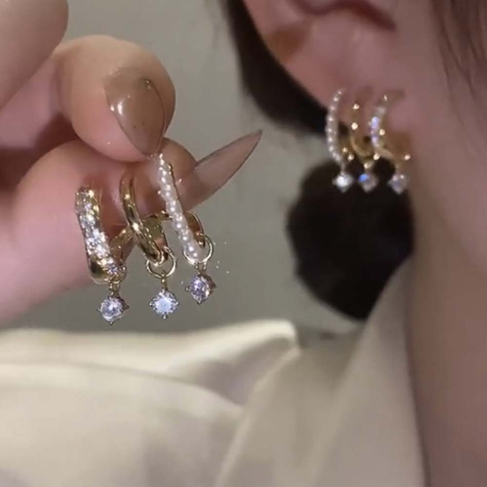 Real Gold Electroplated Silver Needle Zircon Pearl Geometric Three-Layer Earrings Korean Design Sense Exaggerated Personalized Ear Studs Earrings for Women