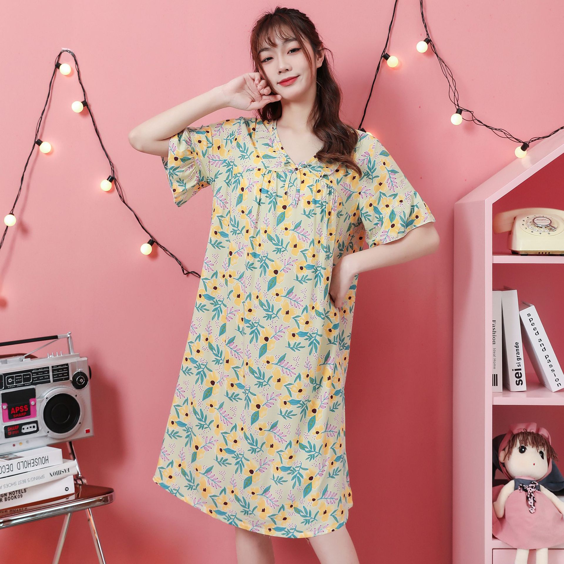 Artificial Cotton Nightdress Summer New Ladies' Homewear Foreign Trade Large Size Pregnant Women Can Wear outside Small Fresh Thin Dress