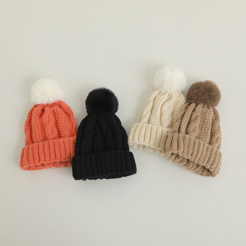 Children's Twist Knitted Wool Fur Ball Warm Hat Korean Autumn and Winter Men's and Women's Keep Baby Warm Solid Color Sleeve Cap