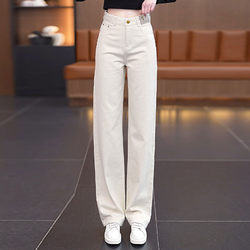 米白色棉软牛仔直筒裤女2024新款春秋季休闲女裤夏季窄版阔腿裤