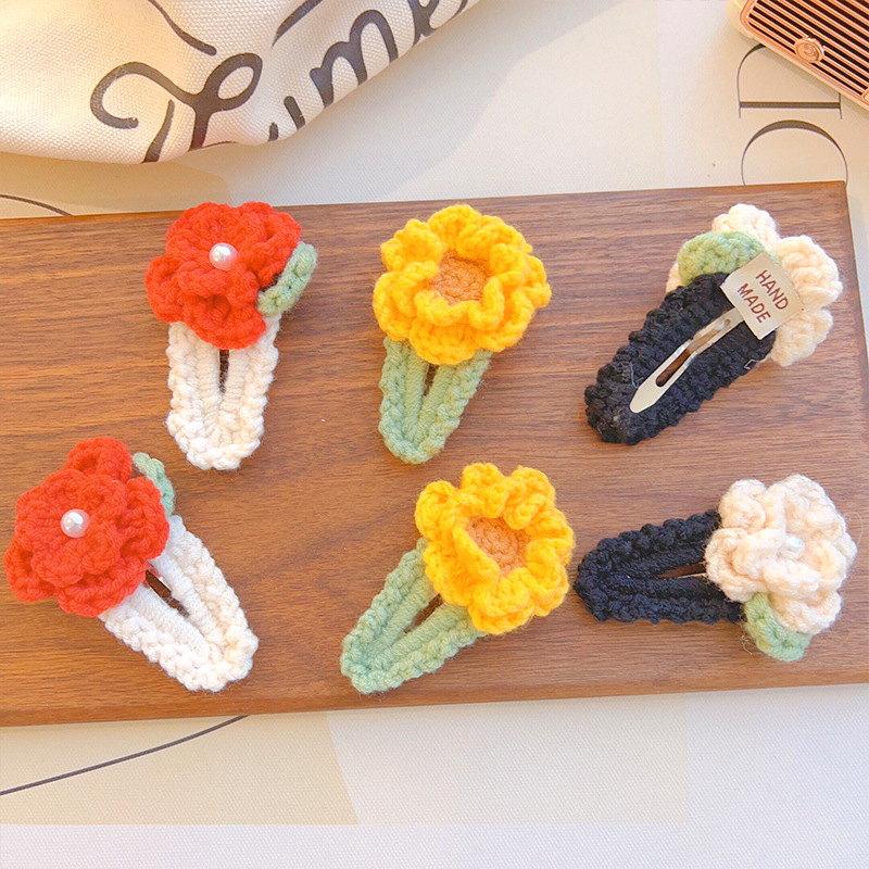 手工编织diy毛线发夹山茶花bb夹可爱少女侧边夹后脑勺顶夹刘海夹