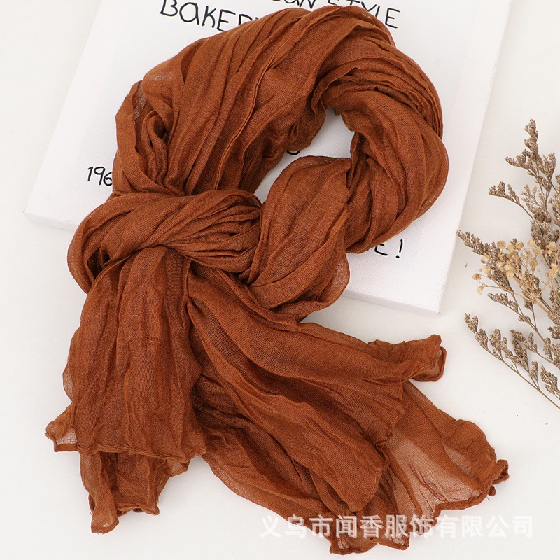 Pure Color Cotton and Linen Pleated Scarf Artistic Vintage Scarf Women's Autumn and Winter Wild Cold-Proof Scarf Outer Sunscreen Shawl