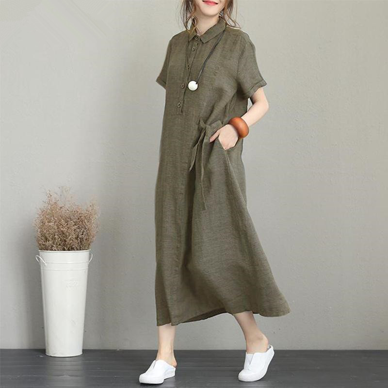 Cross-Border New Arrival Polo Collar Cotton and Linen Lapel Short Sleeve Loose Pockets Elegant Women's Casual Dress