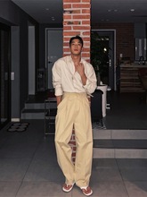 厂家直销MRDONG韩国男装代购两侧可调节高档棉质掐褶港风阔腿直筒
