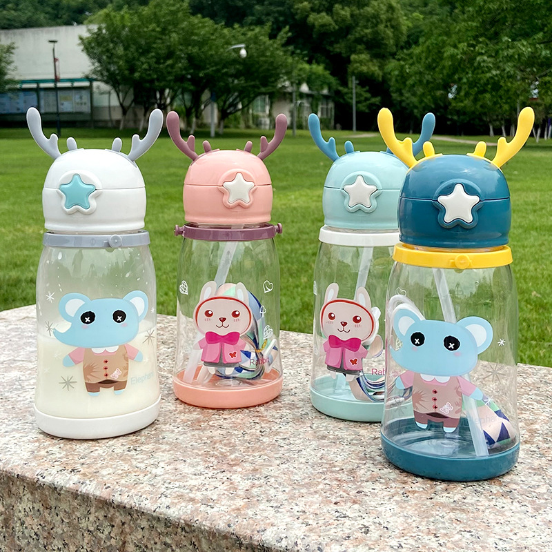 儿童水杯吸管杯鹿角卡通食用级塑料杯可爱创意宝宝小学生便携印制