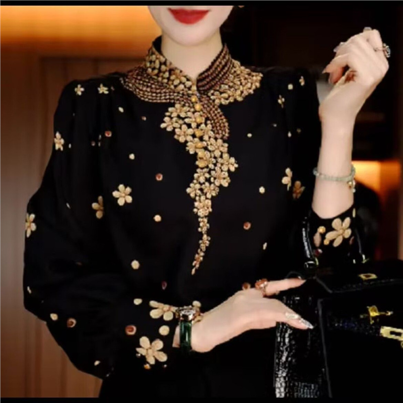 FOMOCE2025年春季时尚洋气黑色印花T恤立领女装设计感显瘦上衣