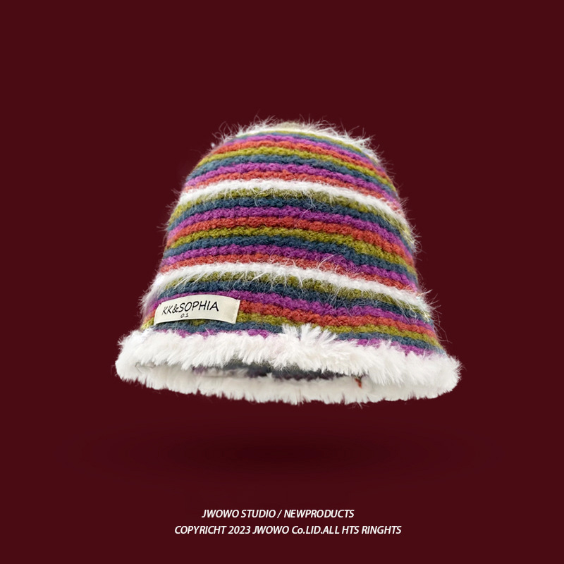 Women's Elegant Handmade Striped Color Matching Bucket Hat Autumn and Winter Color Plush Fisherman Hat Knitted Wool Hat Makes Face Look Small