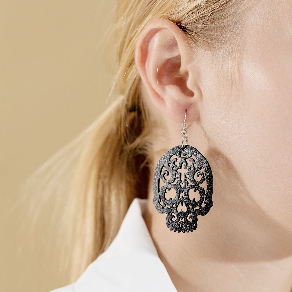 Halloween Spot Drill Black Cat Black Cat Rhinestone Leather Earrings Hollow Skull Bat Cross-Border Amazon