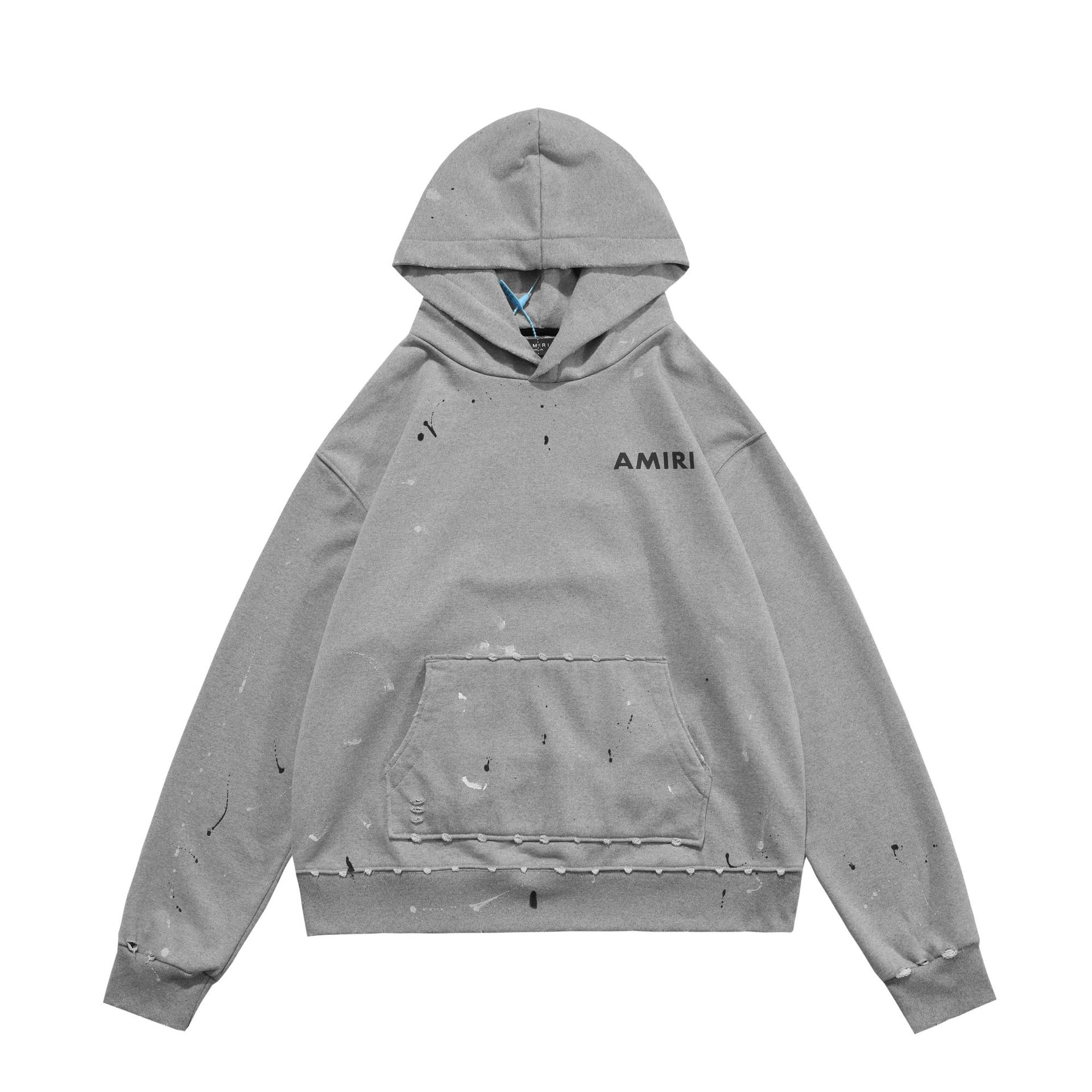 美式潮牌amiri王一博同款泼墨帽衫高街复古做旧磨破男女连帽卫衣