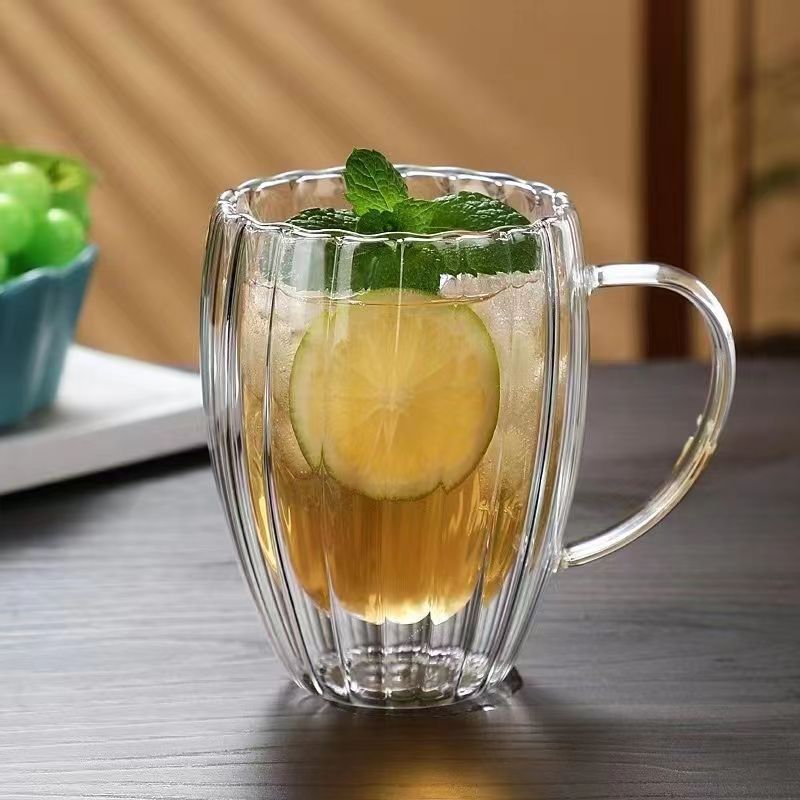 Egg-Shaped Stripes Double Layer Glass Cup Transparent Borosilicate Glass Milk Cup Household Coffee Cup Simple Drinking Cup