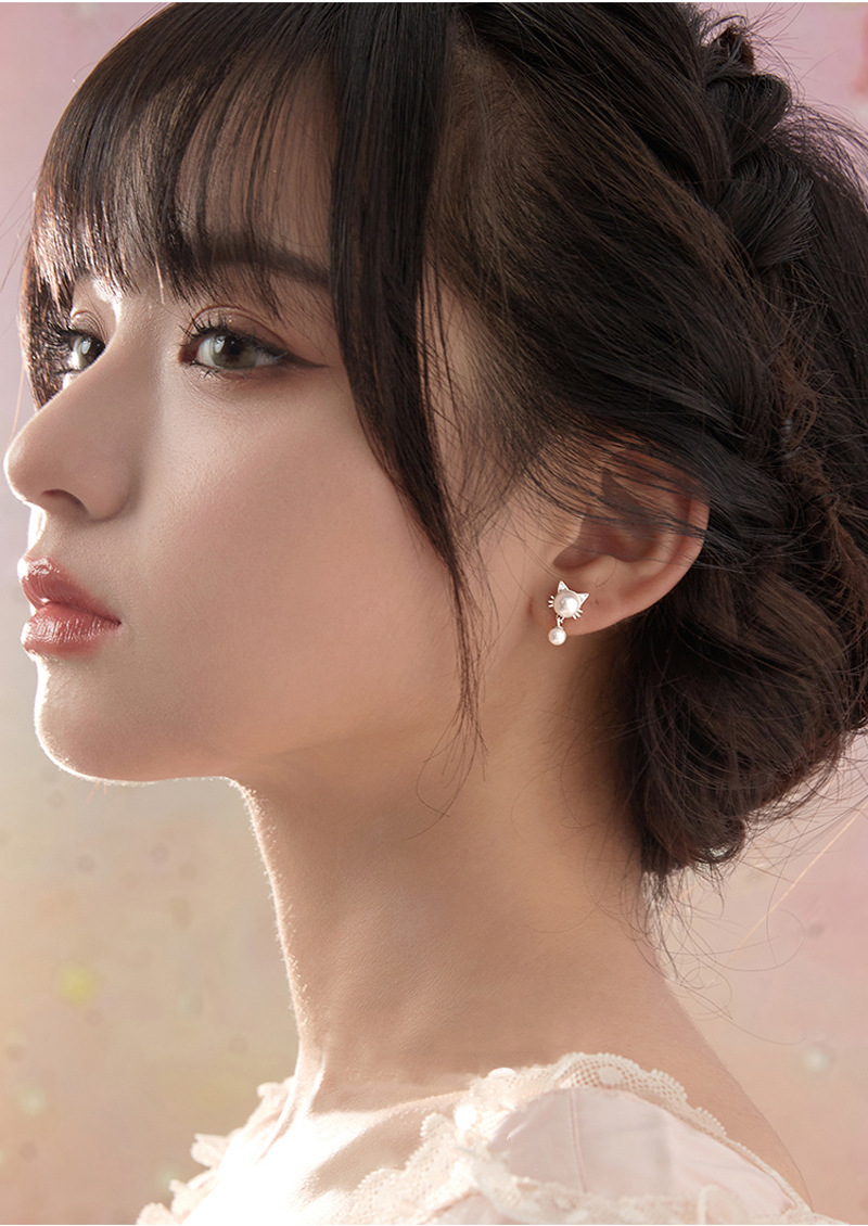 韩版小猫咪珍珠耳钉小巧可爱女生甜美猫星人水滴形耳环民国风新款