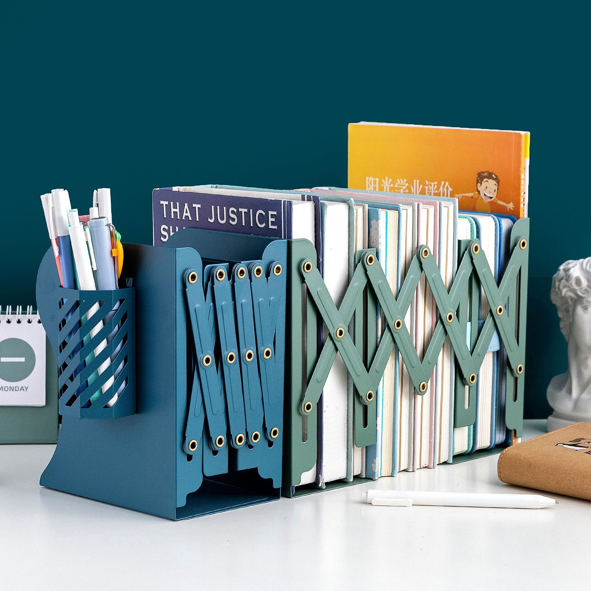 大号莫兰迪笔筒拉伸书立伸缩三格可调书立书档l型桌面书籍收纳架