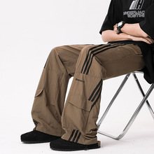 厂家直销裤子男夏季薄款美式侧条纹运动裤直筒宽松阔腿工装裤