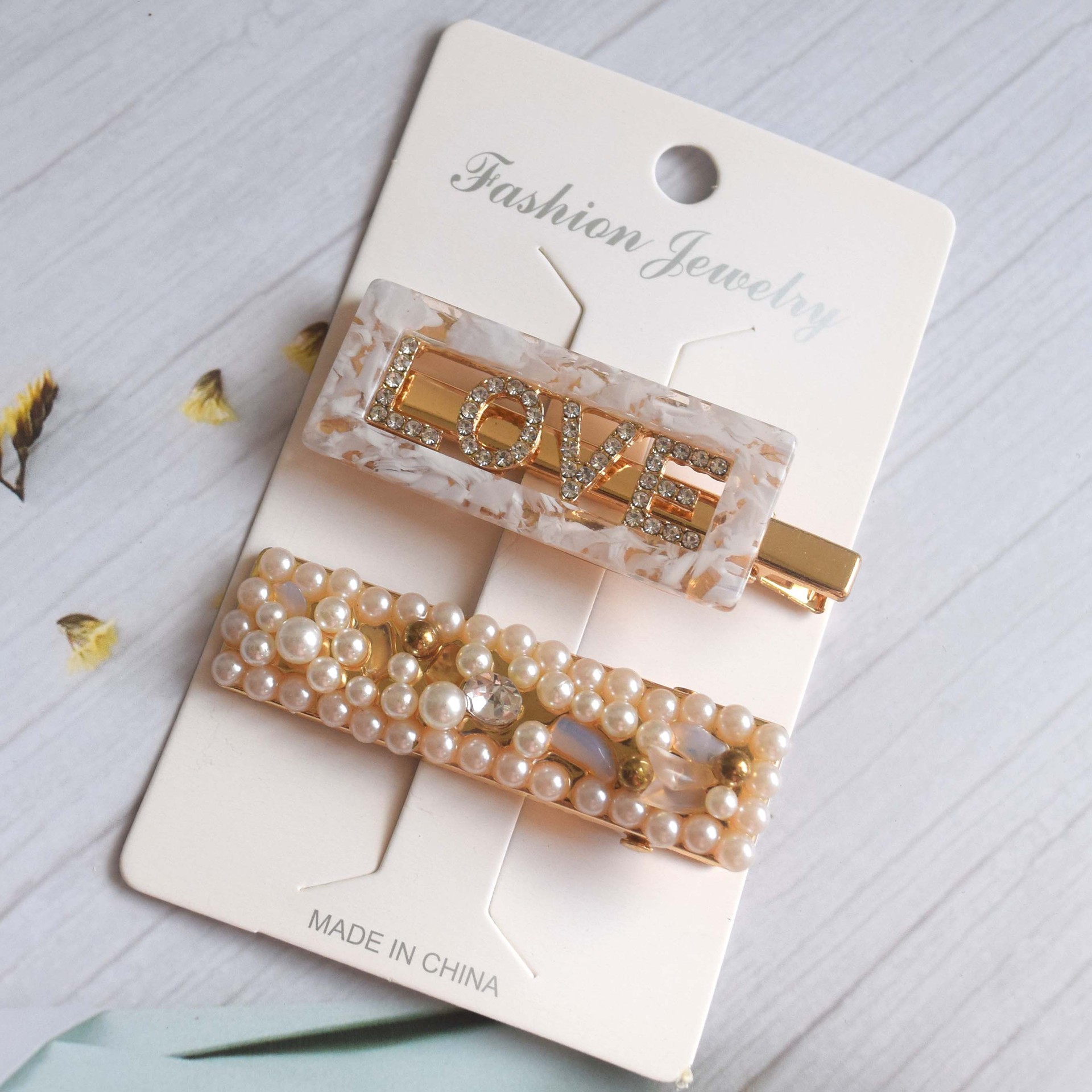 韩国网红人气新款镶钻珍珠发夹醋酸love水钻高级感鸭嘴夹头饰套装