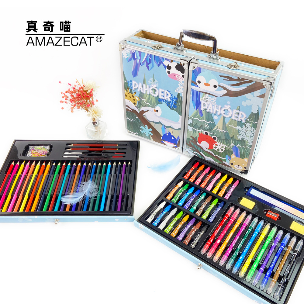 Zhenqi Meow Aluminum Alloy Gift Box Stationery Set Crayon Watercolor Pen Drawing Board Pencil Children Stationery Gift Bag