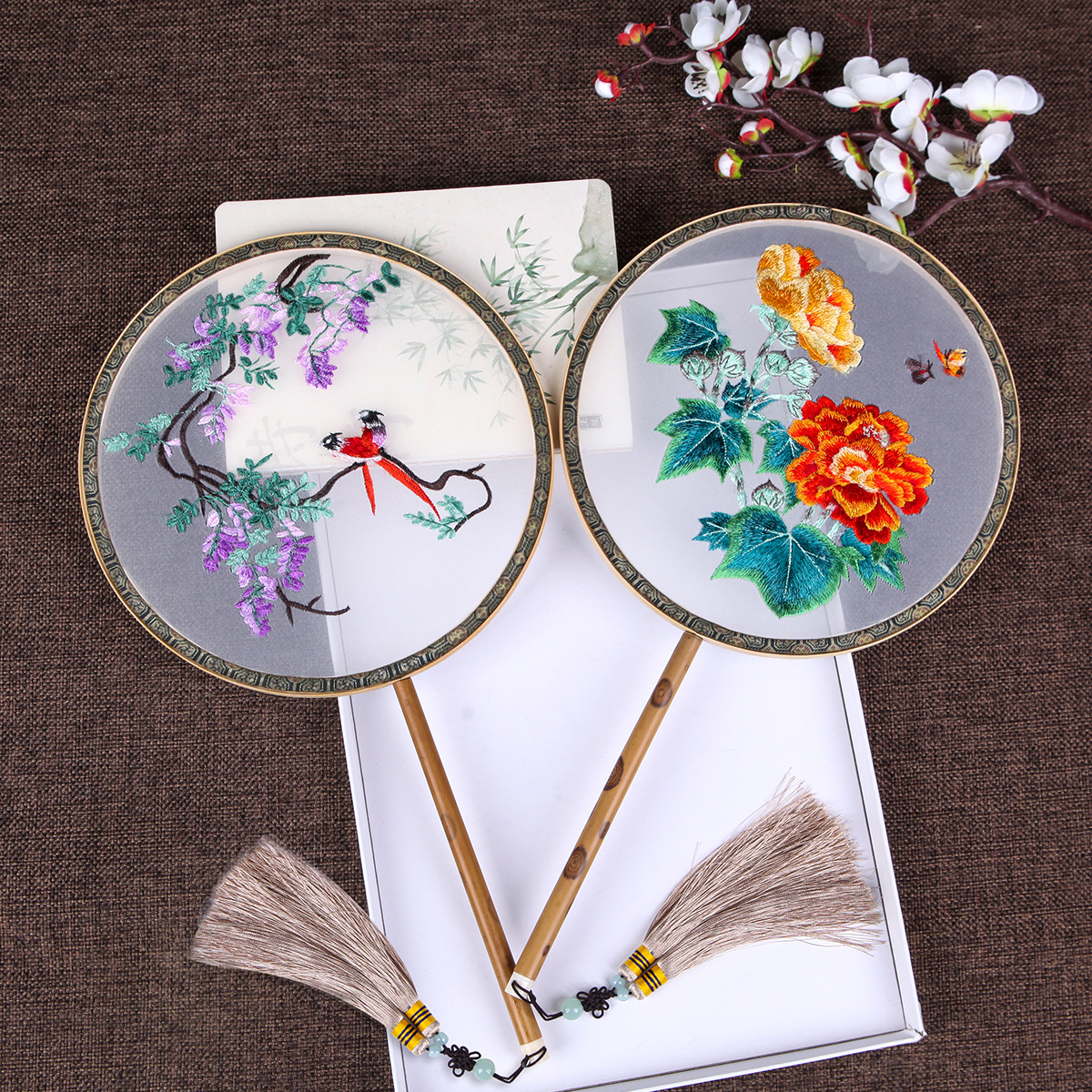 刺绣团扇古风湘妃竹双面绣花中国风汉服旗袍新娘晨袍婚礼圆形扇子