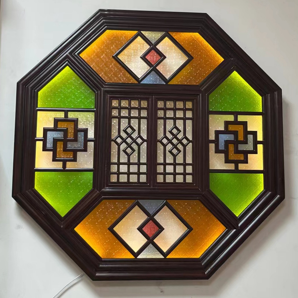 东阳木雕怀旧满洲花窗 彩色玻璃门窗隔断 酒楼仿古西关屏风花窗