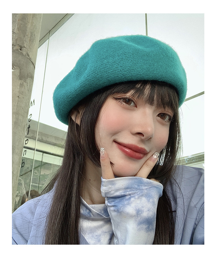 贝雷帽女2021年新款英伦复古秋冬韩版针织羊毛蓝色蓓蕾帽子画家帽