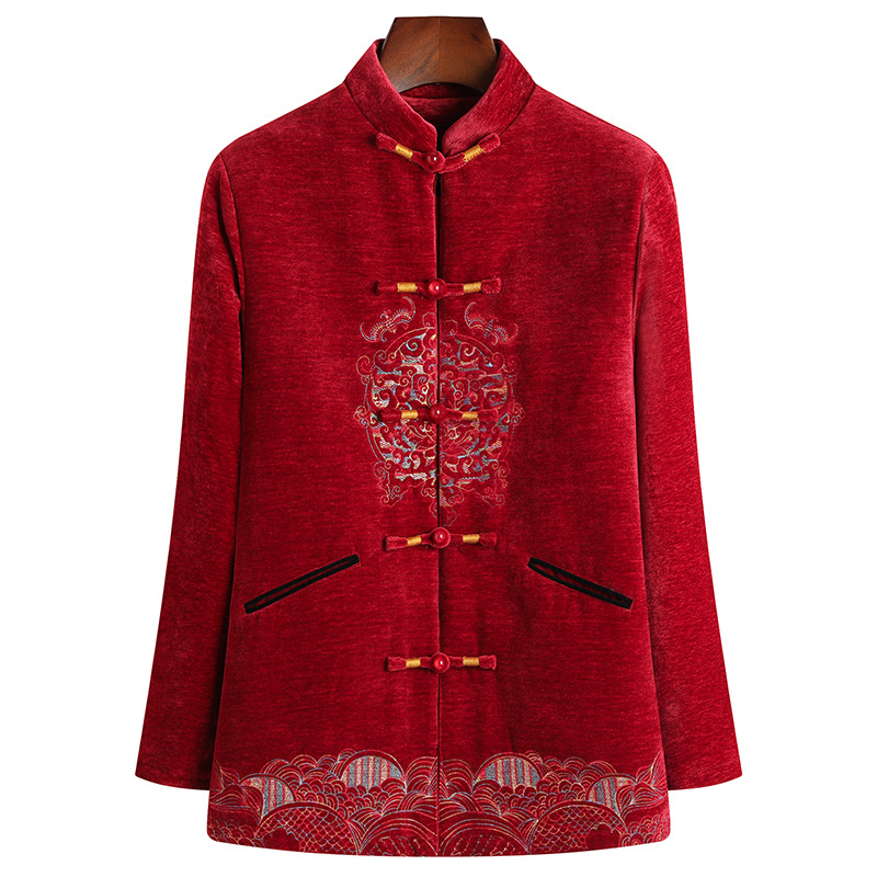 中老年唐装福字图案盘扣加绒加厚棉衣爷爷奶奶时尚拼色棉袄情侣款