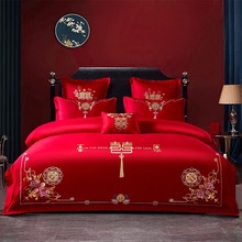新婚庆四件组加厚大红色刺绣喜被结婚婚嫁床单被套六件套床上用品