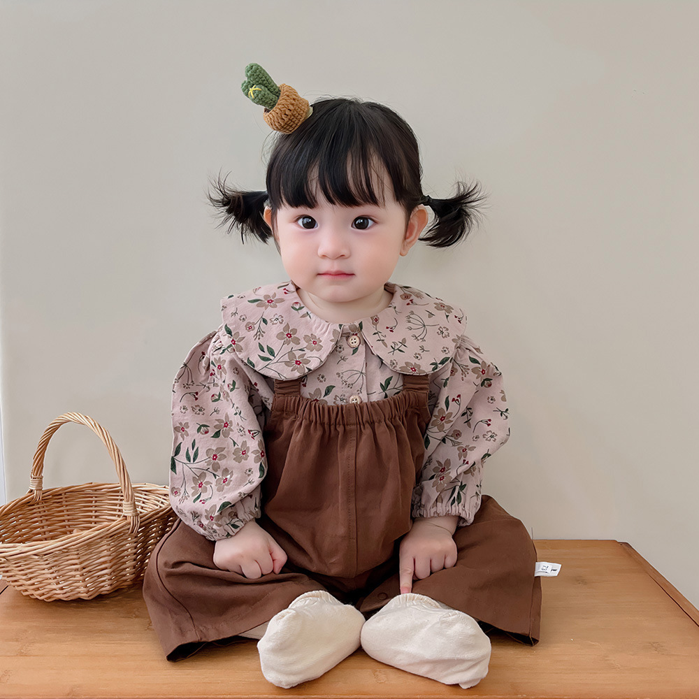 Korean Style Fashionable Floral Top Suspender Pants Two-Piece Suit Baby Romper Clothes Spring and Autumn Suit Baby Girl Baby Clothes