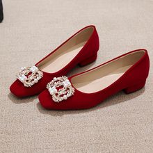 瓢鞋红色婚女粗跟大码单中式新娘低跟舒适浅口小众婚礼高跟独立站