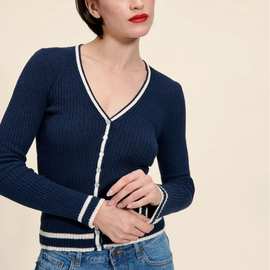 亚马逊罗纹针织衫秋冬新款撞色边弹力罗纹V领贝壳扣针织开衫外套