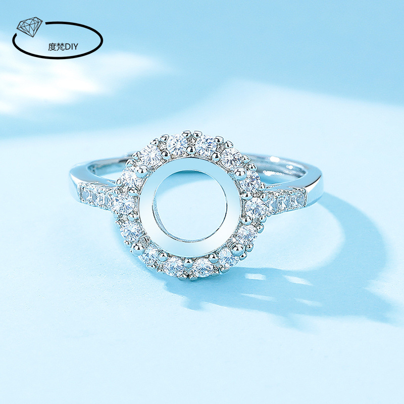 新款S925镀银戴妃款圆形戒指空托钻戒托批发满钻四爪镶嵌翡翠钻石