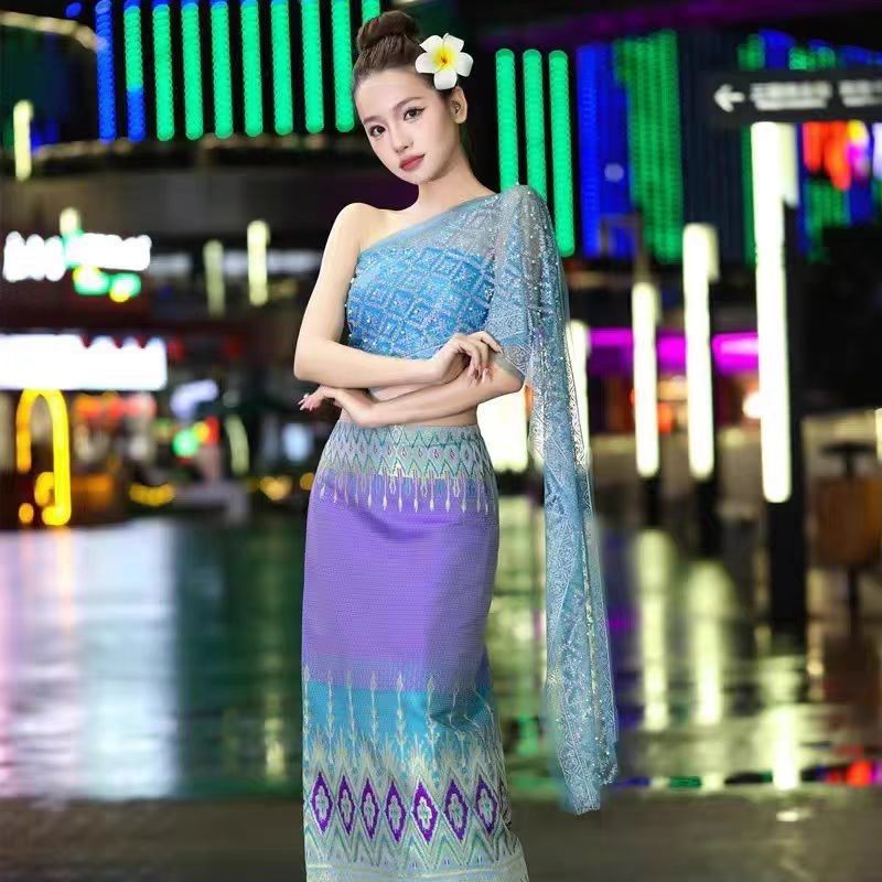 西双版纳傣族裙套装傣服网红明星旅游舞蹈服装成人泰式穿搭三件套