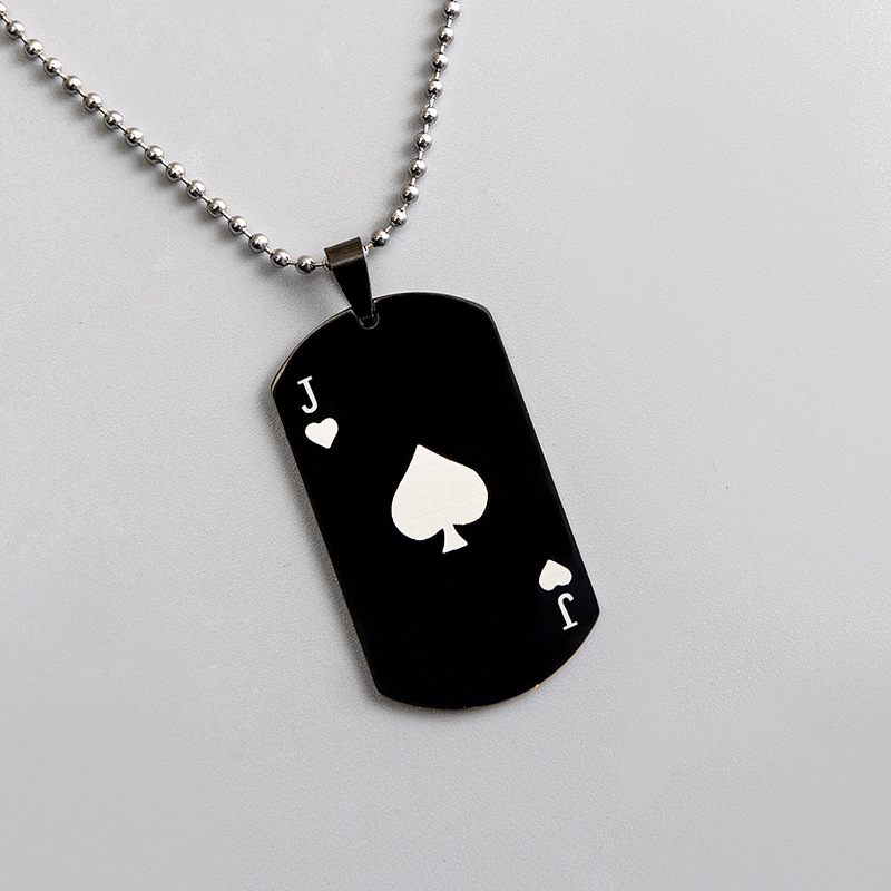 不锈钢圆珠链 创意扑克牌黑桃j爱心军牌吊坠 男款毛衣链首饰