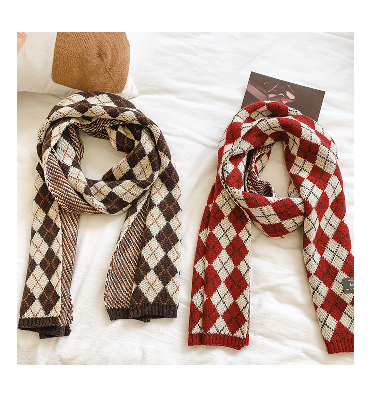 日系菱形格子围巾女冬季韩版百搭学生秋冬加厚保暖毛线针织围脖男
