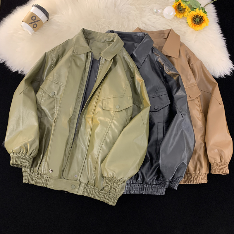 跨境2024皮衣潮牌复古纯色鳄鱼皮翻领夹克男装皮衣百搭休闲外套青