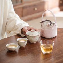 冰台手绘粉玉兰陶瓷盖碗玻璃茶杯便携收纳袋防烫功夫茶具套装一碗