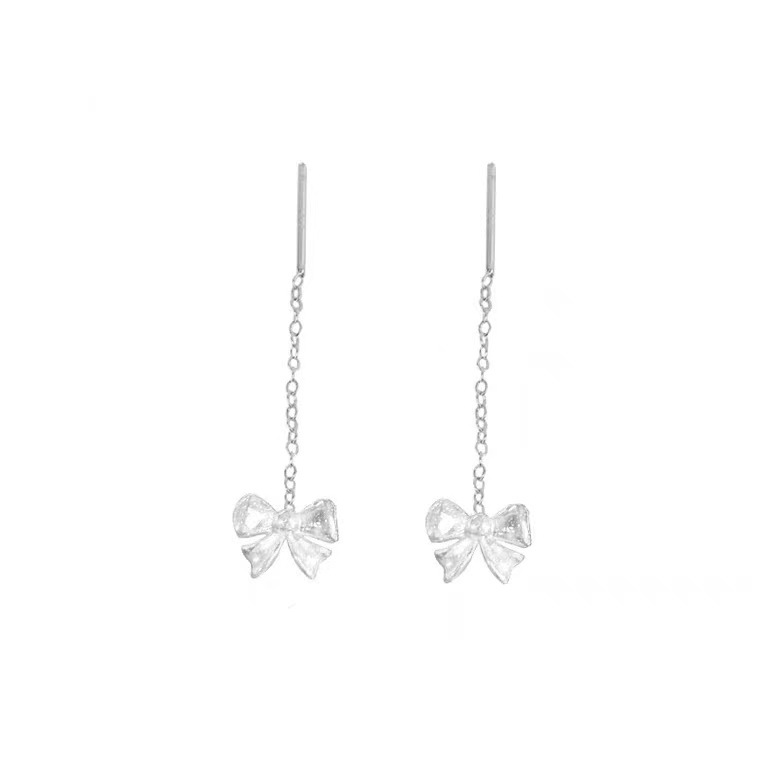 S999 Sterling Silver Bow Hanging Earrings Niche Elegant Tassel Earrings Female Korean Style Light Luxury Ins Style High-Grade Ear Studs