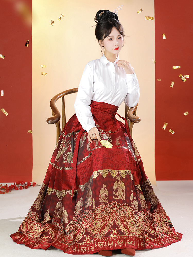 汉服女马面裙日常织金红色半身裙风通勤改良版明制长裙秋冬款