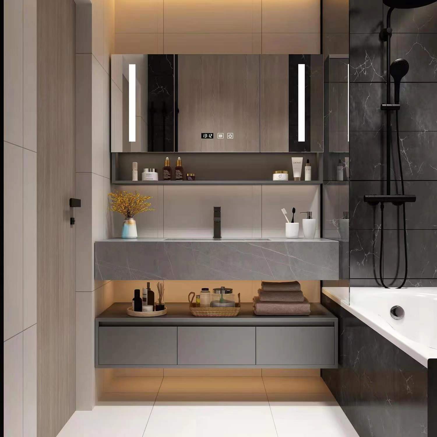 轻奢岩板台面浴室柜多层 酒店别墅卫生间洗漱台洗手洗脸盆卫浴柜