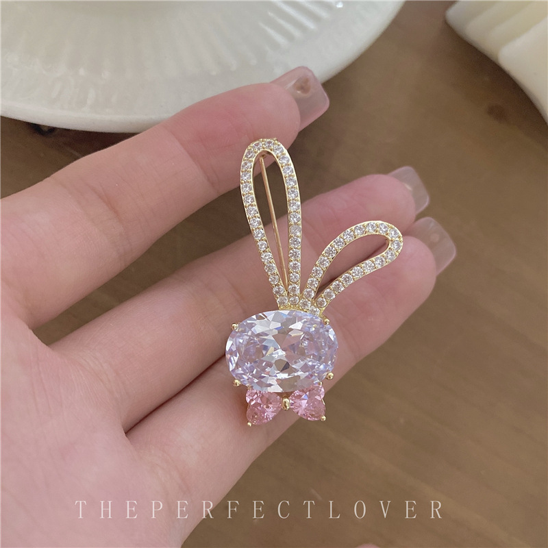 Cute Rabbit Zircon Brooch Korean Style Fashionable Corsage Pin Anti-Exposure Scarf Buckle Clothing Coat Accessories