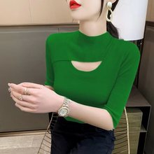 镂空半高领冰丝针织衫中袖绿色上衣女新款五分袖内搭打底衫t恤女