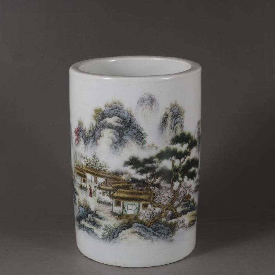 清光绪青花宁静致远笔筒民间古玩古董文房书桌陶瓷摆件仿古装饰品