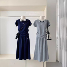 韩版运动休闲时尚三条杠短袖T恤半身裙套装