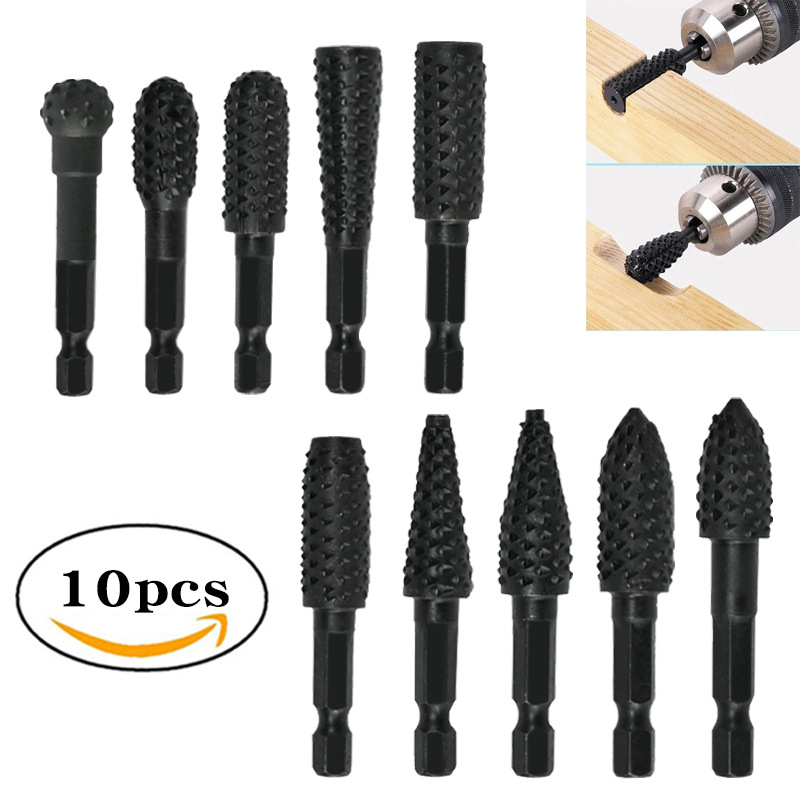 Woodworking Grinding Head 10-Piece Carbon Steel round Handle Suit Electric Special-Shaped Rotary Tool Wood Carving Polishing File
