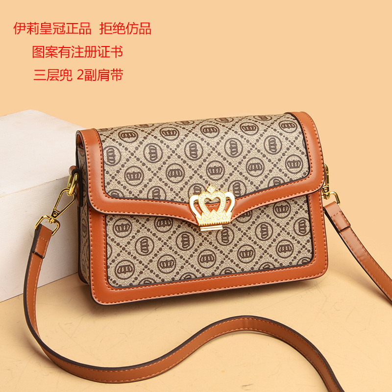 新款专柜品质中年包包女链条时尚小方包单肩斜挎女包伊莉皇冠图案