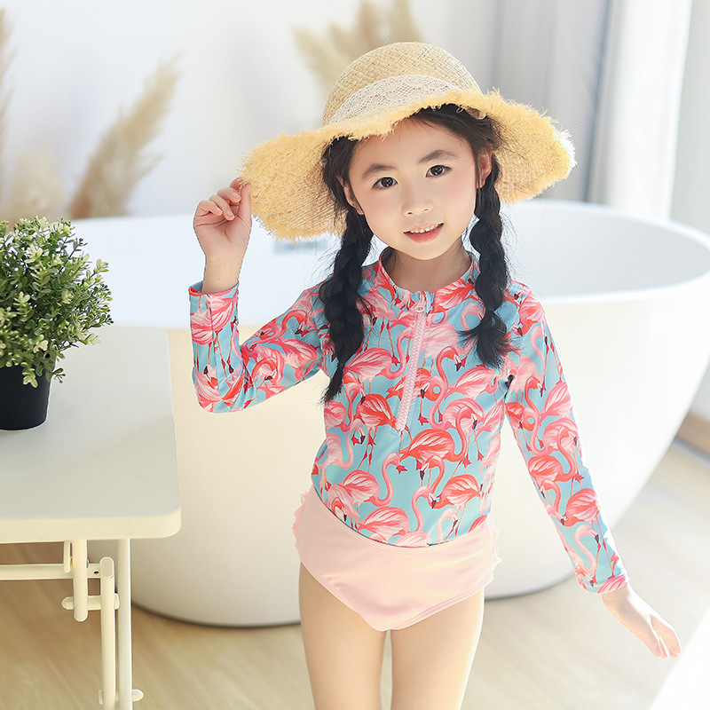 女宝宝泳衣带泳帽三件套长袖印花可爱中小童分体1-6岁女孩泳批发